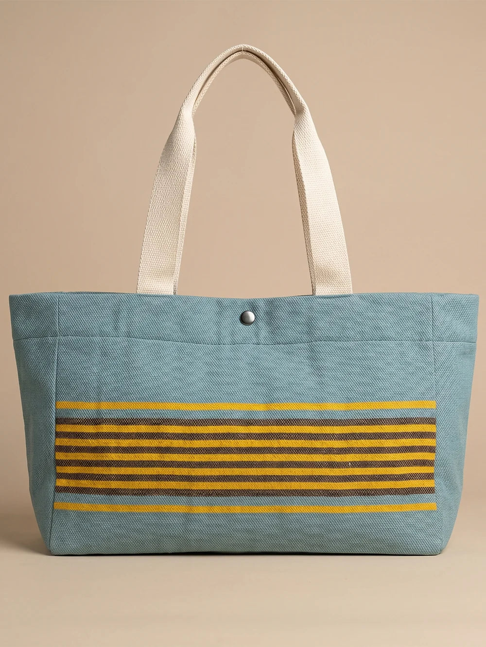 Handwoven Jamakkalam Tote Bag – Blue Base with Yellow & Brown Stripes