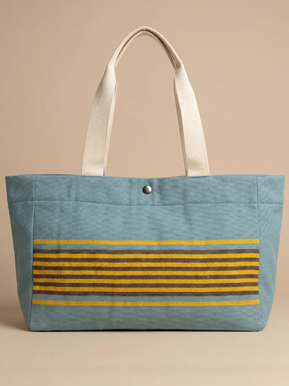 Handwoven Jamakkalam Tote Bag – Blue Base with Yellow & Brown Stripes