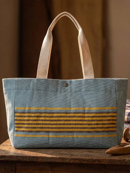 Handwoven Jamakkalam Tote Bag – Blue Base with Yellow & Brown Stripes