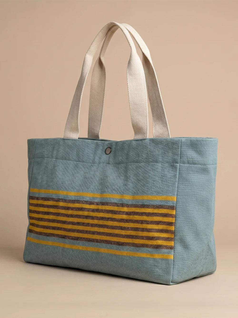 Handwoven Jamakkalam Tote Bag – Blue Base with Yellow & Brown Stripes