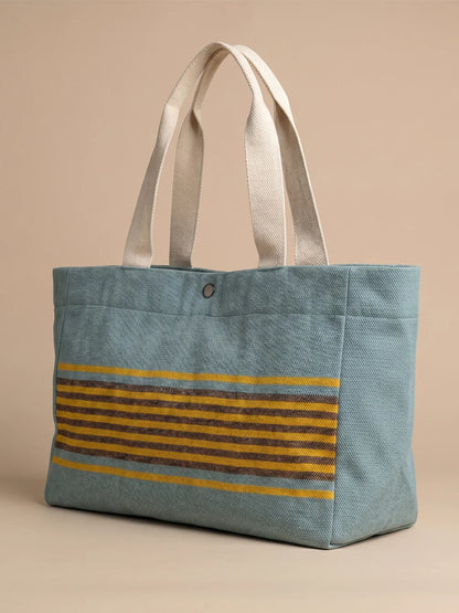 Handwoven Jamakkalam Tote Bag – Blue Base with Yellow & Brown Stripes
