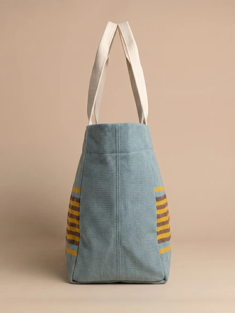 Handwoven Jamakkalam Tote Bag – Blue Base with Yellow & Brown Stripes