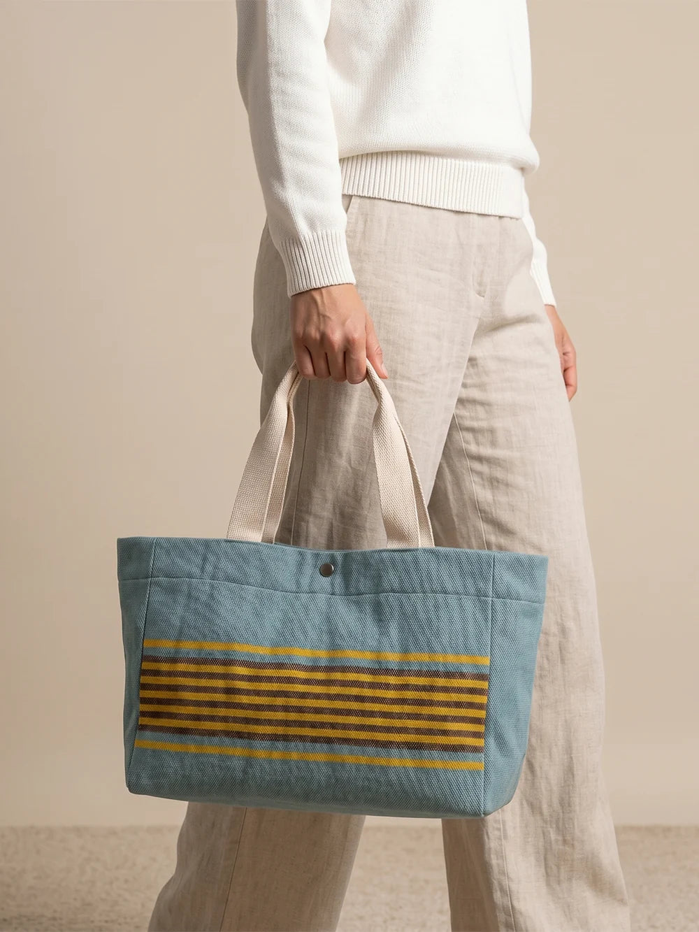 Handwoven Jamakkalam Tote Bag – Blue Base with Yellow & Brown Stripes