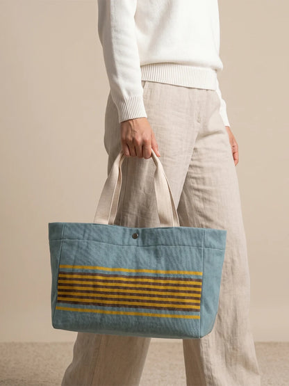 Handwoven Jamakkalam Tote Bag – Blue Base with Yellow & Brown Stripes