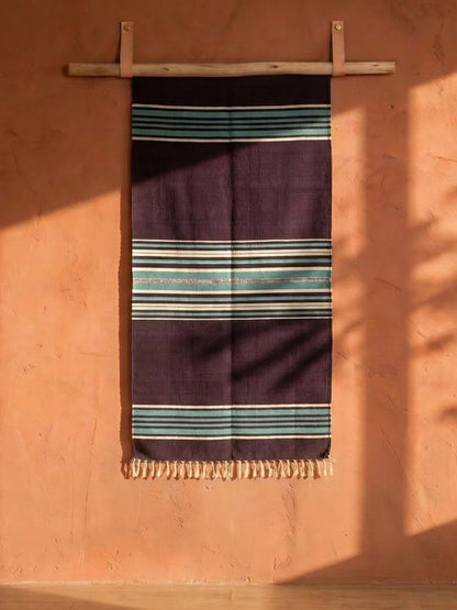 Bhavani Jamakkalam Handwoven Cotton Carpet – Dark Purple Base with White & Blue Stripes