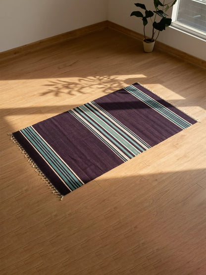 Bhavani Jamakkalam Handwoven Cotton Carpet – Dark Purple Base with White & Blue Stripes