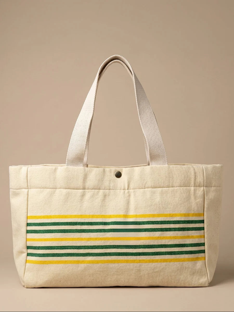 Handwoven Jamakkalam Tote Bag – Yellow Base with Green Stripes