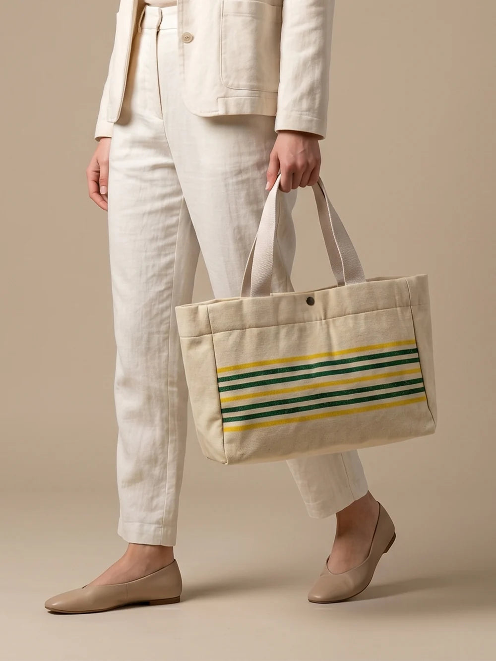 Handwoven Jamakkalam Tote Bag – Yellow Base with Green Stripes