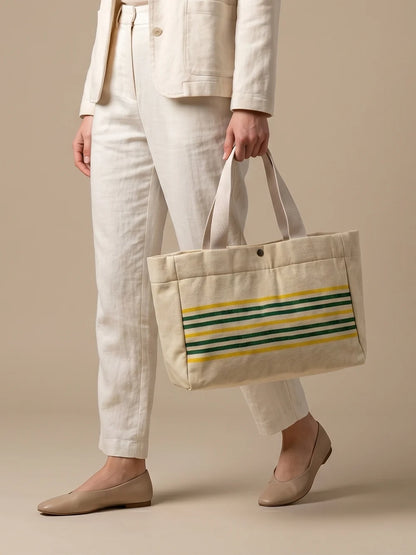 Handwoven Jamakkalam Tote Bag – Yellow Base with Green Stripes