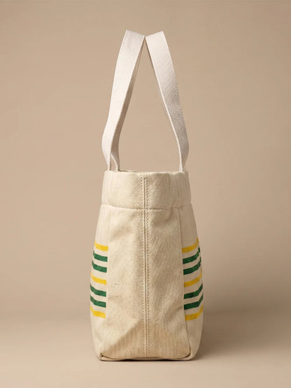 Handwoven Jamakkalam Tote Bag – Yellow Base with Green Stripes