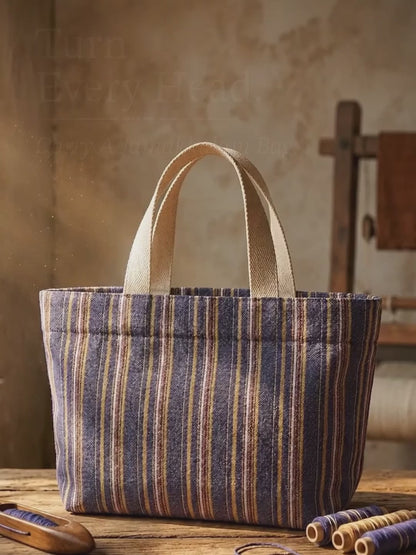 Handwoven Jamakkalam Tote Bag – Blue Base with Yellow & Brown Stripes